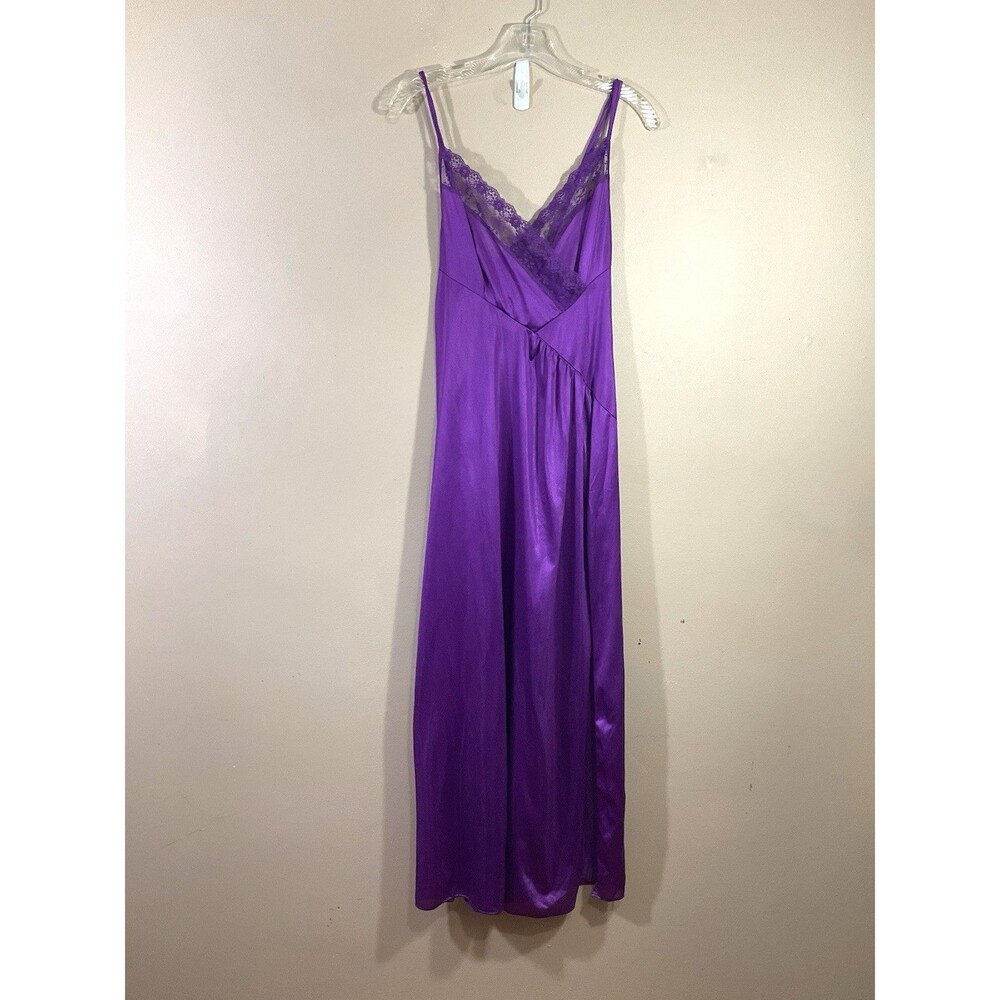 Vintage UndercoverWear Satin V-Neck Maxi Nightgown S Purple 80s Slit Lace Trim